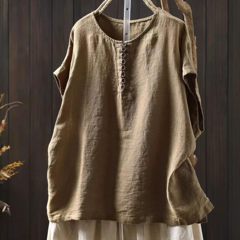 Johnature Women Vintage Button T-Shirts Solid Color O-Neck Sleeveless Summer Loose Button Female T-Shirts