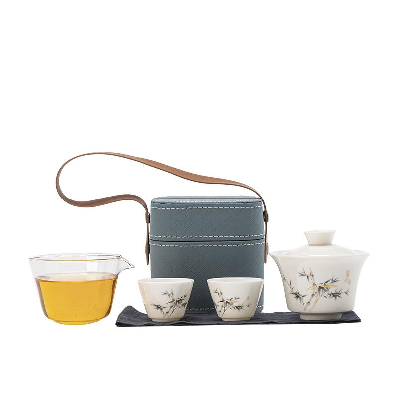 White Porcelain Blue And White Cover Bowl Outdoor Travel Kung Fu Tea Set Ceramic Cover Bowl Express Cup One Pot Two Cups Portable Bag