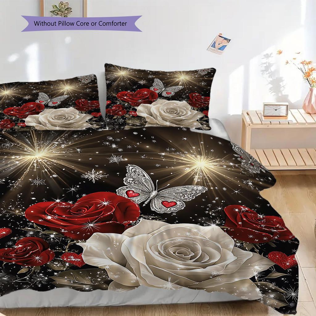 Red and White Roses Pattern Bedding Quilt Set Quilt Cover Pillowcase Home Decoration Birthday Gift (1 * Duvet Cover + 2 * Pillowcase, Without Core)
