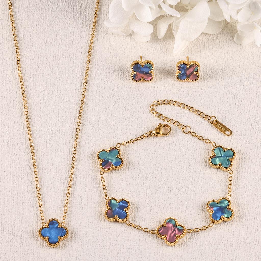 Conjunto de Brincos, Pulseira e Colar de Trevo 3 Peças Acessórios de Moda Coloridos de Luxo Leve