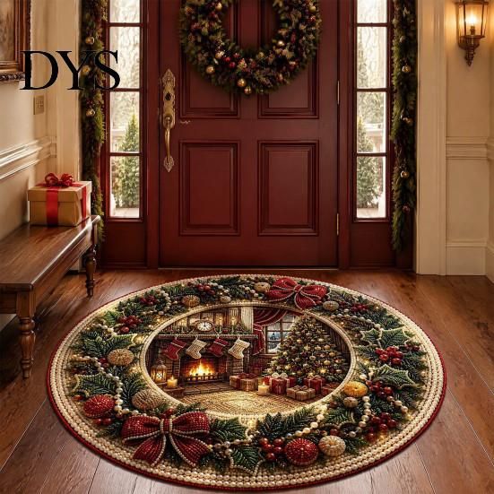 Durable Floor Rug for Holidays Round Christmas 3D Rug, Optical Illusion Area Santa Gnome Mat Holiday Decor Pattern, Non-slip Living Room Entryway