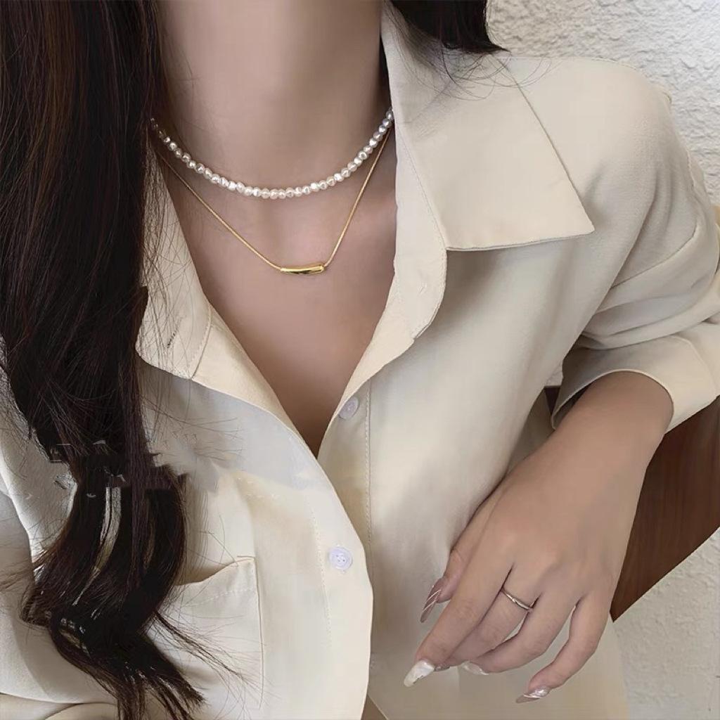 Real gold electroplated pearl beaded bow necklace niche versatile commuter collarbone chain fashion high-end jewelry women