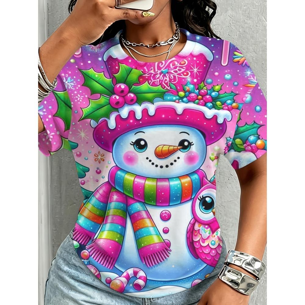 Summer Christmas Snowman Series 3D Print T-Shirt Loose Fit Short Sleeve T-shirt Breathable Women Casual Comfortable Creative Versatile Sports T-shirt