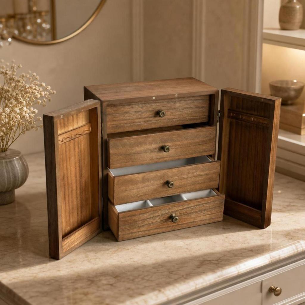 Tabletop Jewelry Cabinet Compact with Drawers Vintage-Style