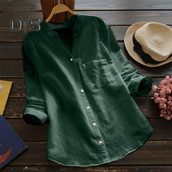 Dame vår høstskjorte topp ensfarget løs passform pustende stoff V-hals lange ermer Single-breasted Casual Top Streetwear