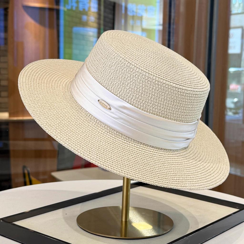 Celebrity Style Flat Top Straw Hat Women's Spring and Summer New Flat Top Top Hat Elegant Satin Temperament Straw Sun Hat