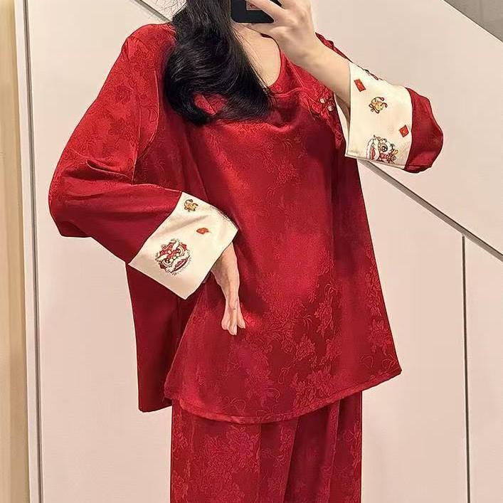Women's Red Chinese Silk Pajamas Set - Year of the Rat Wedding Long Sleeve Homewear
