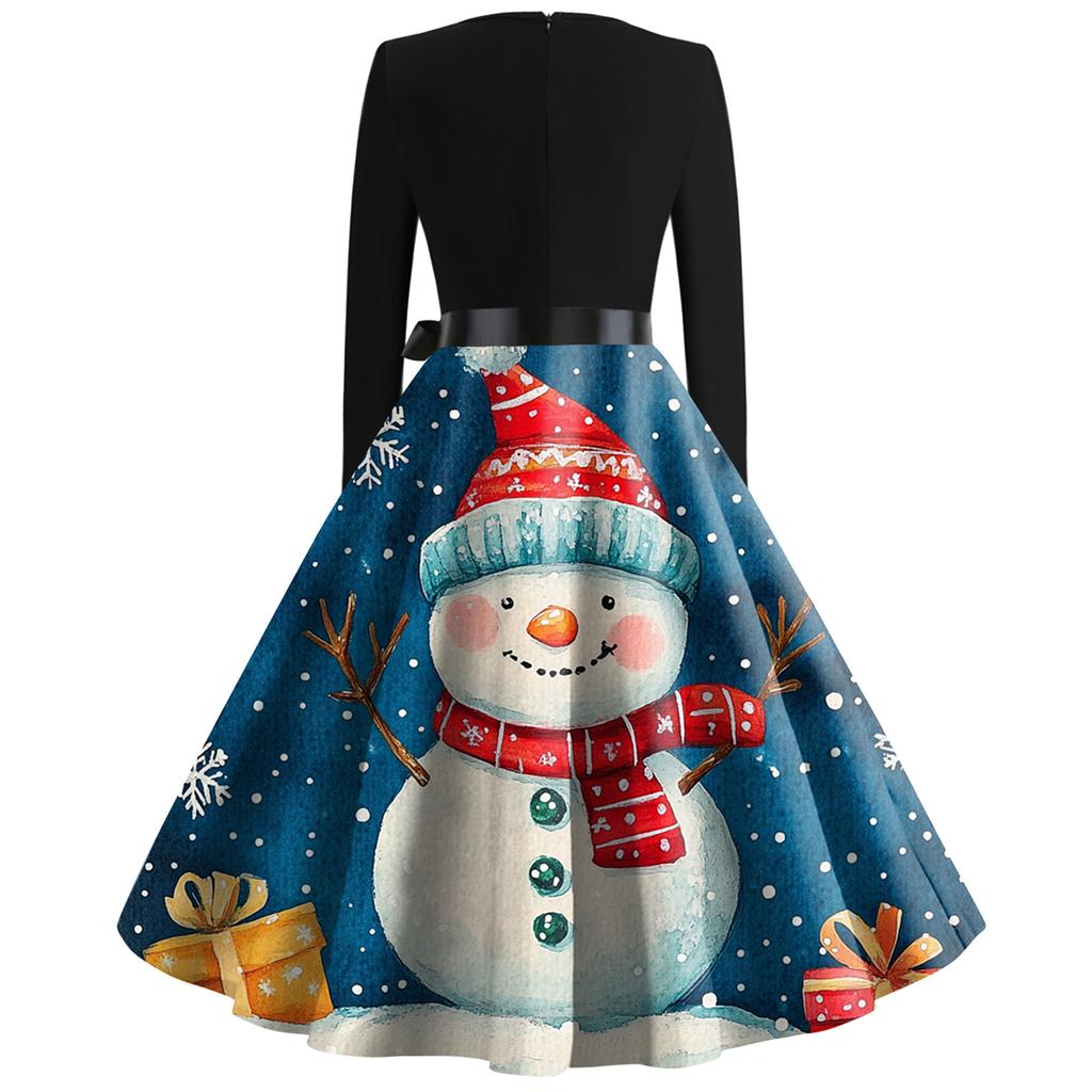 Women's Fashion Round Casual Slim Fit Christmas Print Large Swing Long Sleeve Dress