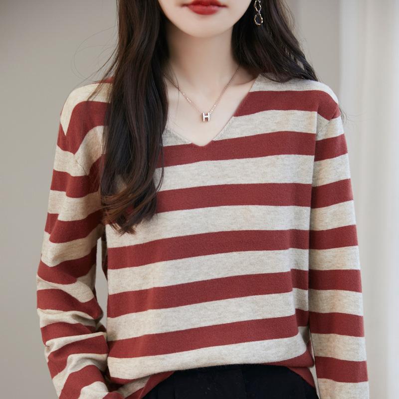 Autumn and Winter Women's Striped Long-sleeved V-neck Bottoming Pullover Loose Casual Knitwear