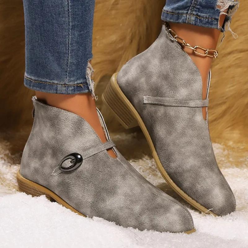 Fashion Mid Heels Women Snow Ankle Boots Short Plush Warm Shoes 2025 Winter Brand Casual Chelsea Boots Leather Goth Pumps Botas Mujer