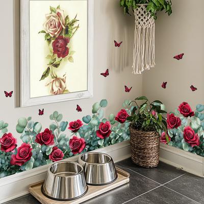 Rote Rose Eukalyptus Sockelleisten Wandaufkleber für Wohnzimmer, Schlafzimmer und Eckdekoration