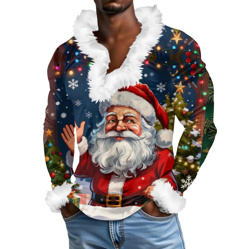 Herren Lässiges Weihnachten Bedrucktes Plüsch V-Ausschnitt und Fleece Langarm-Sweatshirt