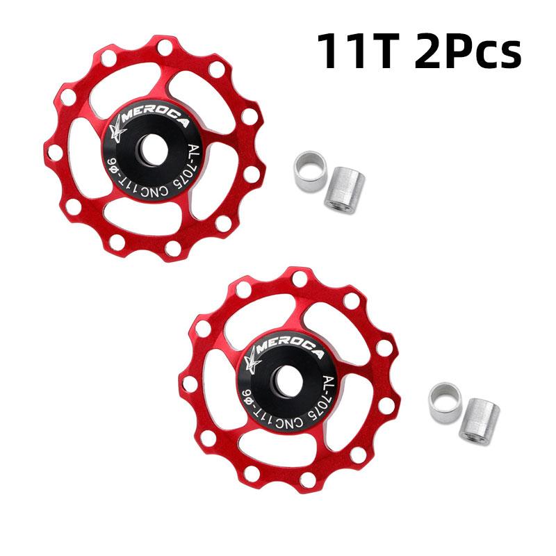2Pcs MTB Steel Bearing Jockey Wheel CNC 7075 Aluminum Alloy Rear Derailleur 11T 13T Guide Road Bike Pulley 11T Red 2Pcs