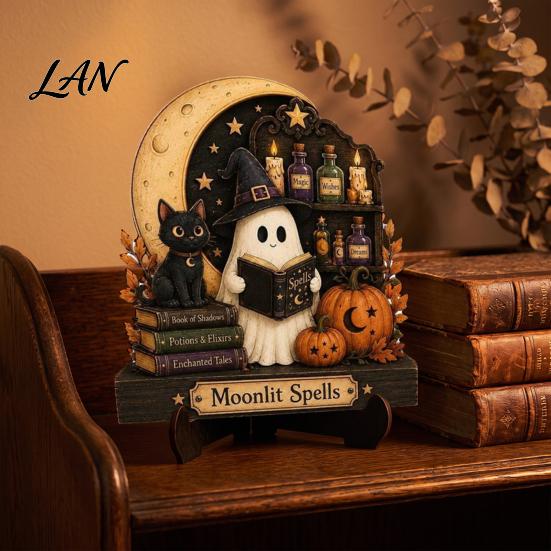 Unique Halloween Gift for Friends Reading Ghost Figurine, Retro Wooden Statue, Vintage Desktop Healing Atmosphere Home Art Ornament with Stacked Book