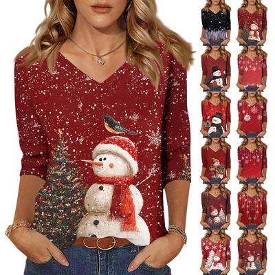 3/4 Sleeve Shirts For Women Print Christmas Tees Blouses Casual Plus Size Basic Tops Pullover