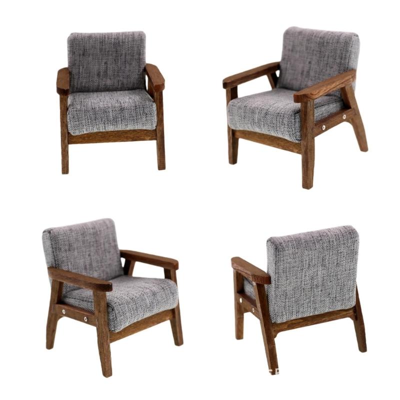 Model Home Furniture Chair 1:12 Scale Wood Frame, Padded Fabric Seat for Small Living Room Layouts and Builds Use