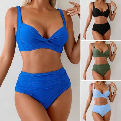 2Pcs/Set Women Bikini Set Knotted Design Chest Pad No Steel Support Bra High Waist Swimming Briefs Set Beach Pool Vacation Sexy Swimsuit