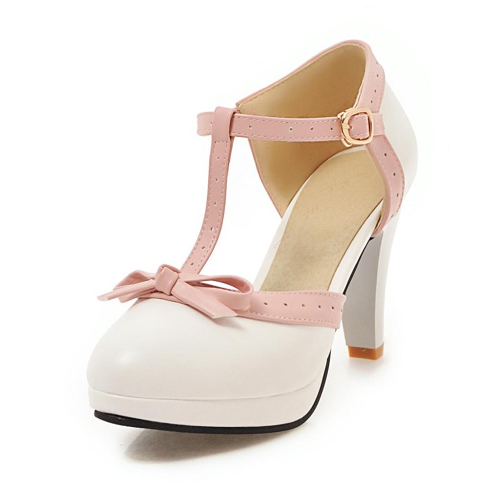 Fashion Women's T Strap High Heels Round Toe Heel Pumps Women Platform Pumps Bow Party Wedding Shoes Chaussures De Femme Size 33-48