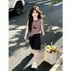Korean-Style Girls' Striped Patchwork Tank Top Set - Summer Two-Piece Sleeveless Outfit for Medium and Older Children.