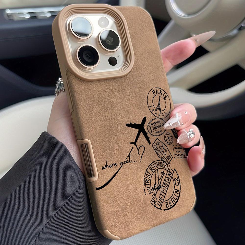 

Airplane Stamp Faux Leather Phone Case For iPhone 17 16 15 14 13 12 11 Pro Max Plus X XR XS Air Shockproof Bumper Cases Cover iPhone XR