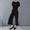 Summer Women Jumpsuit O Neck Short Sleeves Elastic Waist Wide Leg with Side Pockets Solid Color Loose Casual Daily Wear Ankle Le