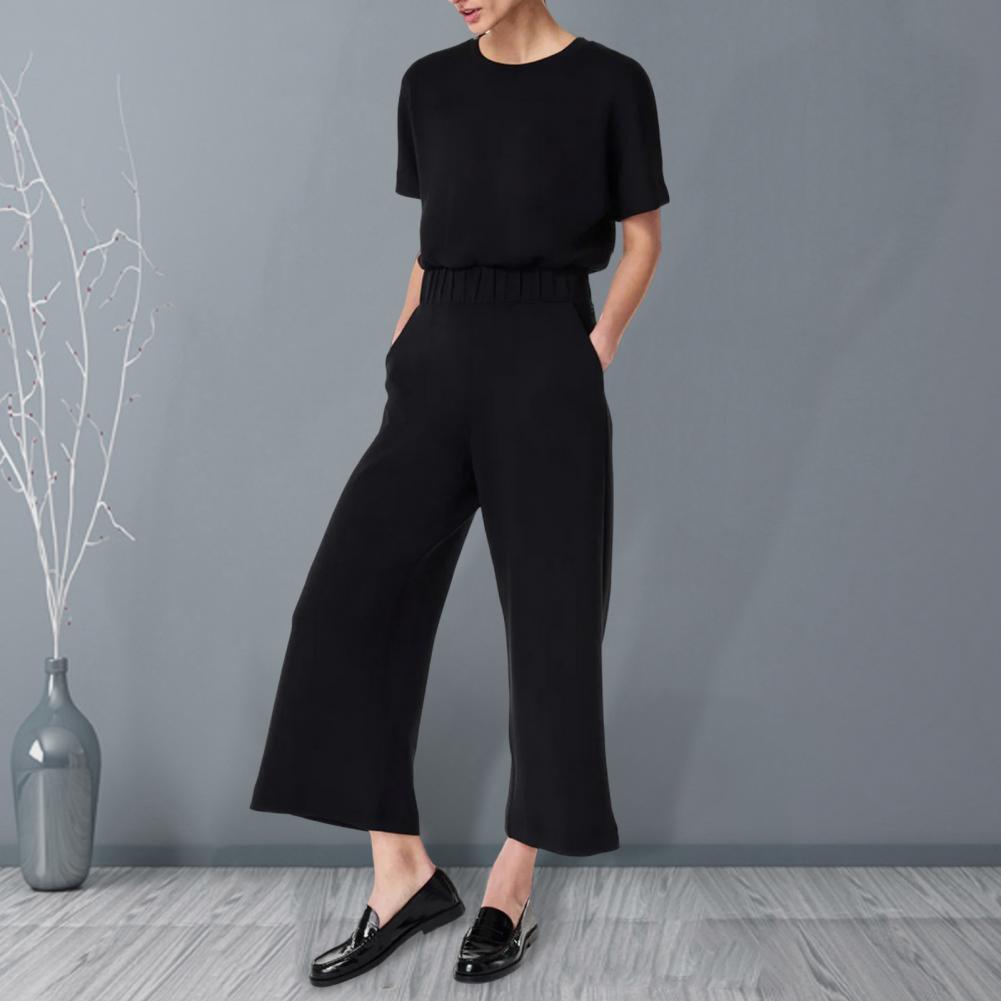 Summer Women Jumpsuit O Neck Short Sleeves Elastic Waist Wide Leg with Side Pockets Solid Color Loose Casual Daily Wear Ankle Le