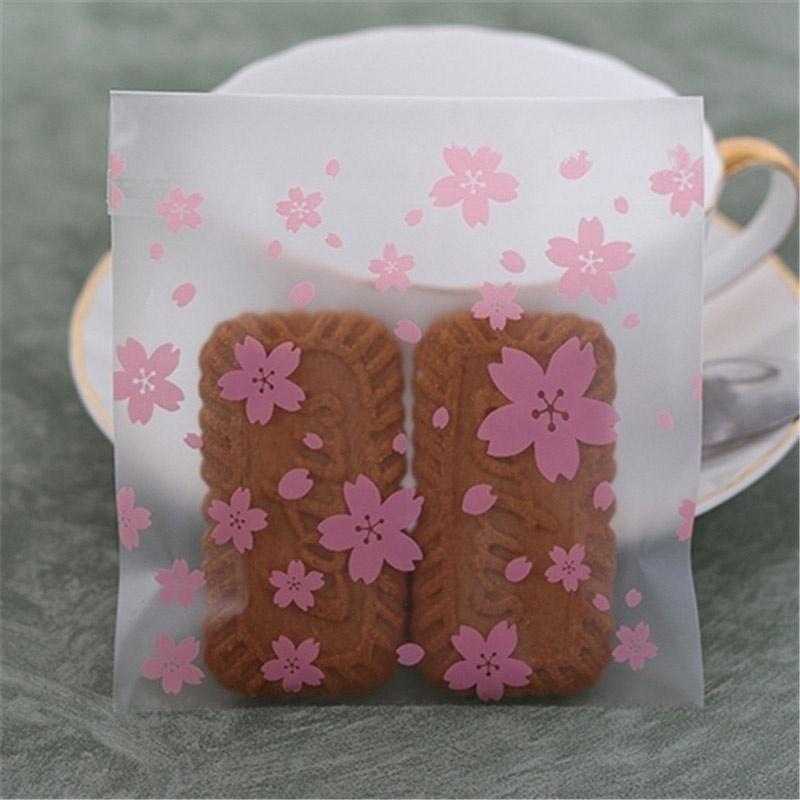 100pcs Pink Transparent Cherry Blossoms Mini Self Adhesive Scrub Opp Bags DIY