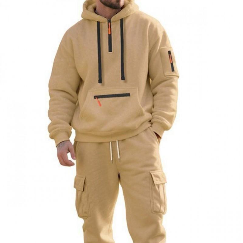 Mens Winter Fleece Hooded Tracksuit Casual Solid Color Sweatshirt Pants Set