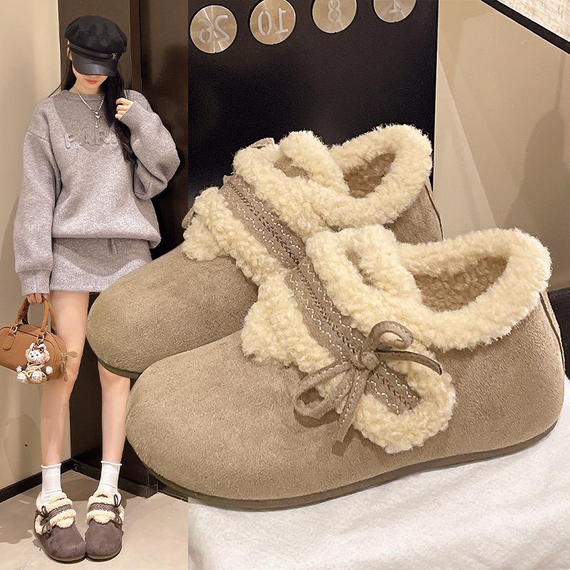 Bow Velcro inner height-increasing Boken cotton shoes women's new winter velvet warm fashion fluffy shoes