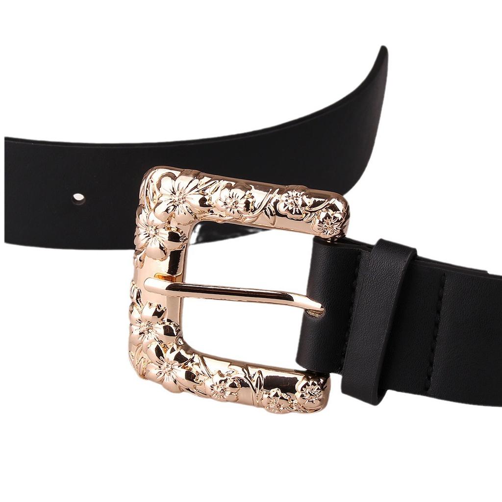 New Carved Super Large Buckle Pin Buckle Retro Versatile Elegant Belt Black Single Accessories Santa Claus Belt