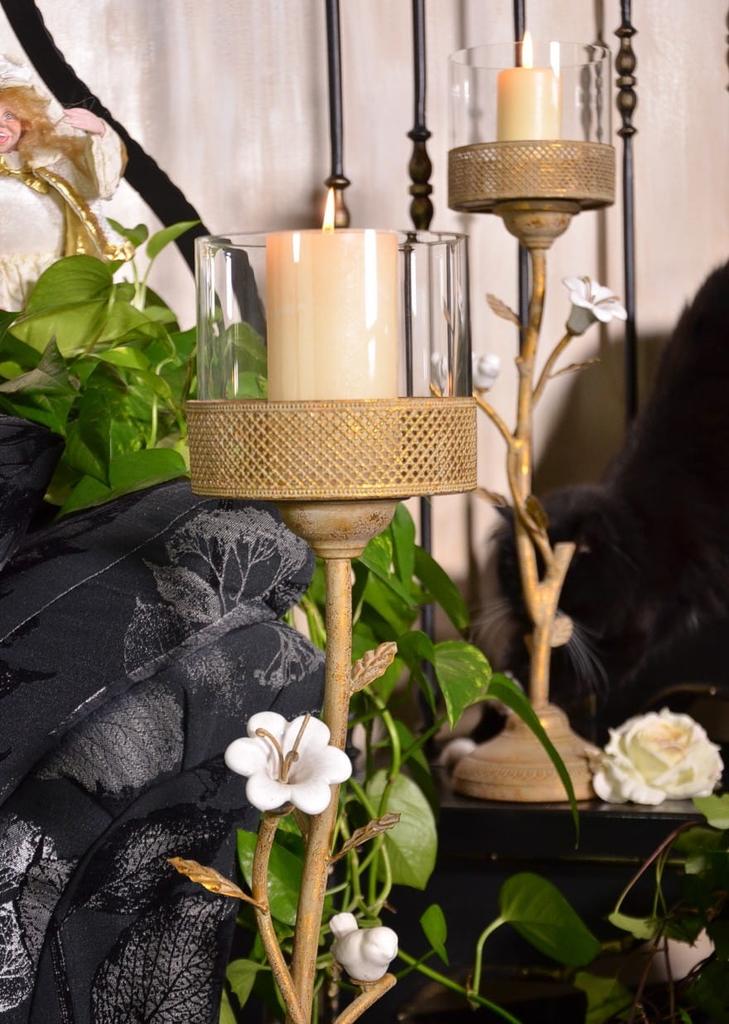 Tall gold candlestick in glamour retro style with porcelain flowers 87cm