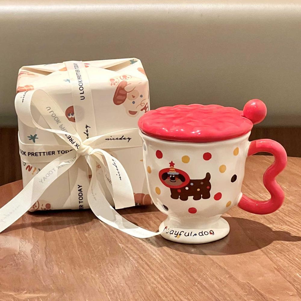 High-value Milk Cute Polka Dot Kitten Mug with Lid Girls Ceramic Cup Birthday Gift Souvenir