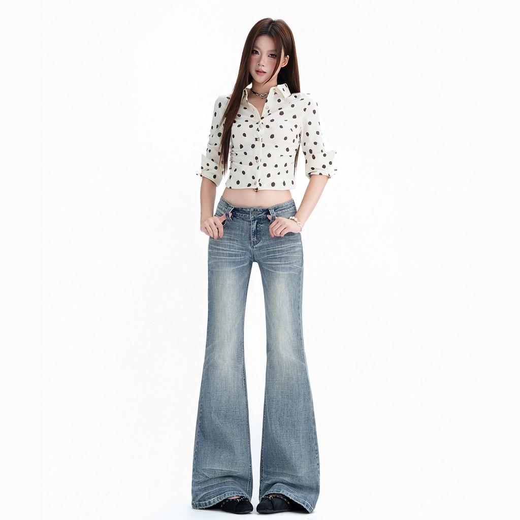 American retro bamboo pattern low waist slightly pulled jeans women's autumn new Spice Girl elastic thin flared pants