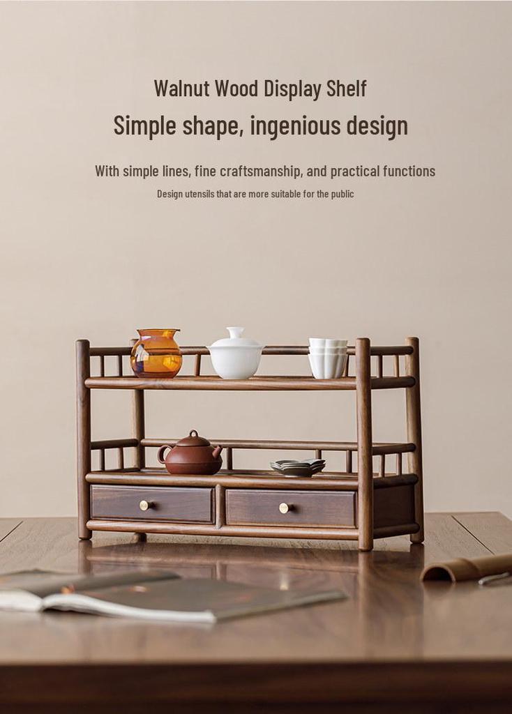 Guanlan Walnut Wood Tea Table with Double Drawer and Display Shelves for Tea Pot and Cup Storage
