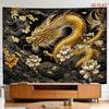 2D Luxurious Black Gold Dragon Tapestry White Lotus Asian Art Wall Hanging Background