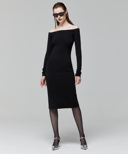 LADY VOLUME Off Shoulder Line Dress_Black