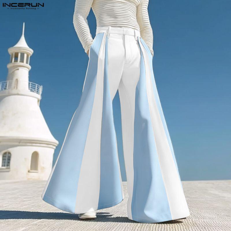 INCERUN S-5XL Men Casual Zip-up Waist Striped Long Flare Pants Trousers