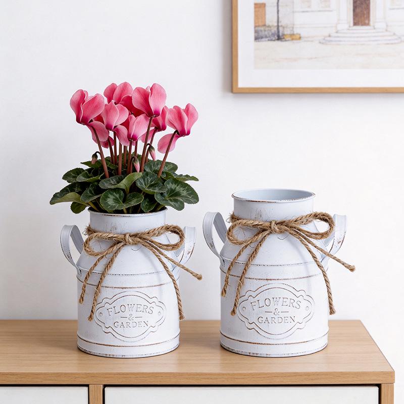 Vintage Distressed Tin Flower Pot with Hemp Rope Bow - French Ins Style Vase