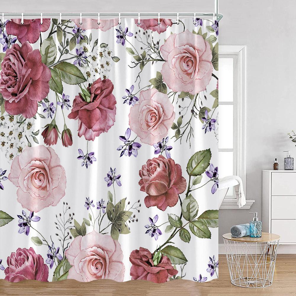 Floral Shower Curtain Colorful Flowers Birds Butterfly Botanical Green Leaves Bathroom Curtains Modern Bathtub Decor with Hooks