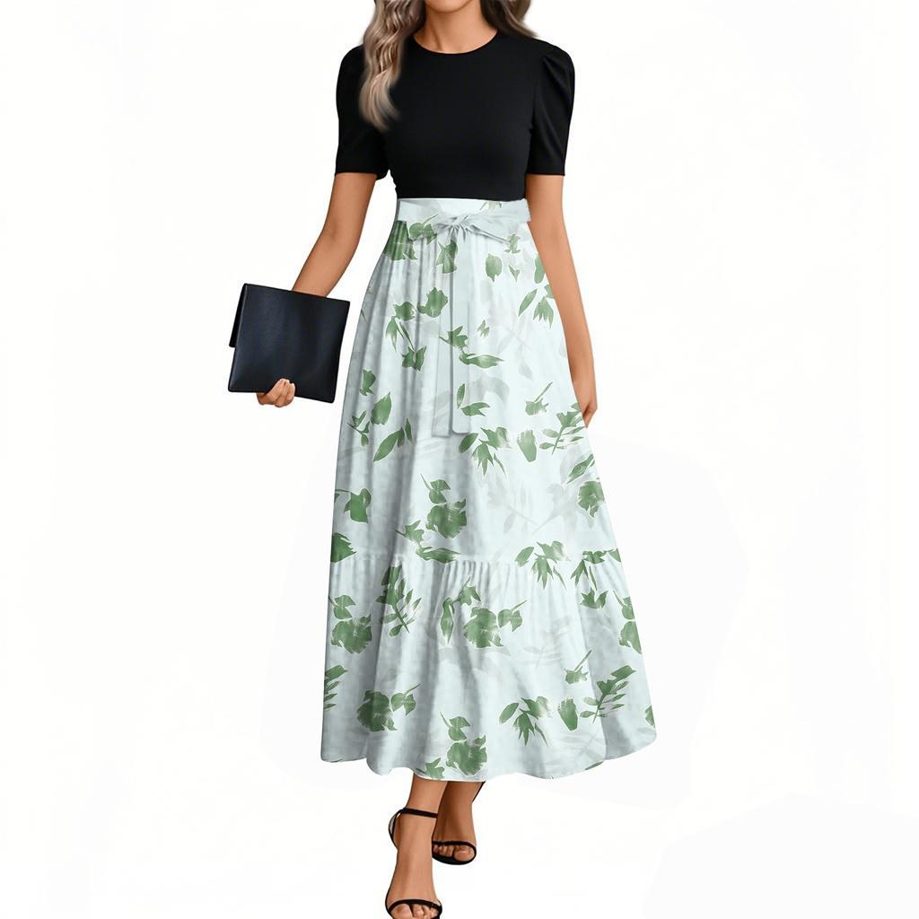Women's Fashion Casual Belt Short Sleeve Round Neck Floral Stitching Elegant Temperament Dress