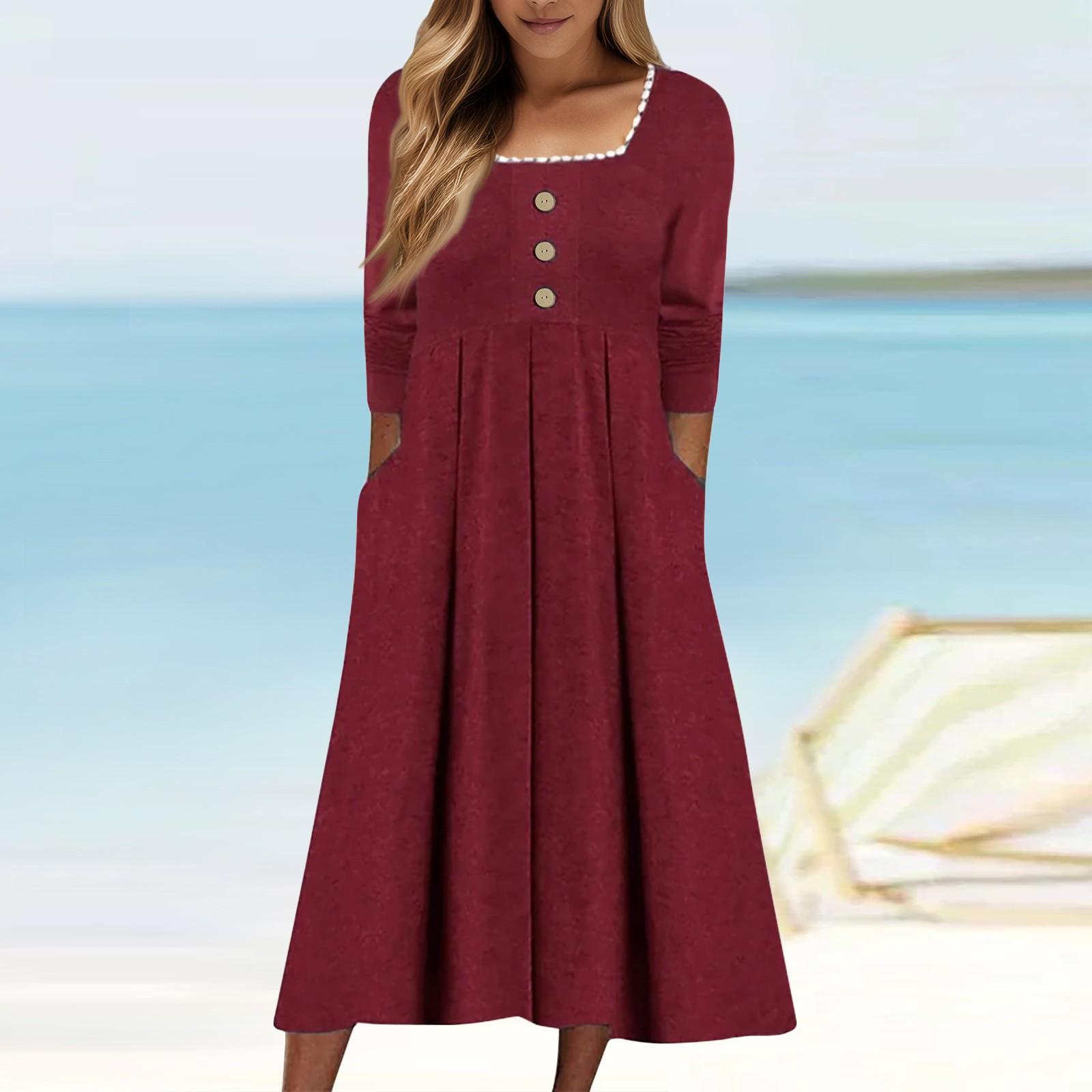 

Женские повседневные модные длинные платья с квадратным воротником и длинным рукавом, кружевные, однотонные, винтажные, с карманом, осень и зима M винный