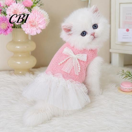Lace Pet Dress Knitted Sleeveless Dog Dress, White Tutu Puppy Princess Cute Girl Small Clothes with Faux Pearl Bow, Summer Female for Dogs Party