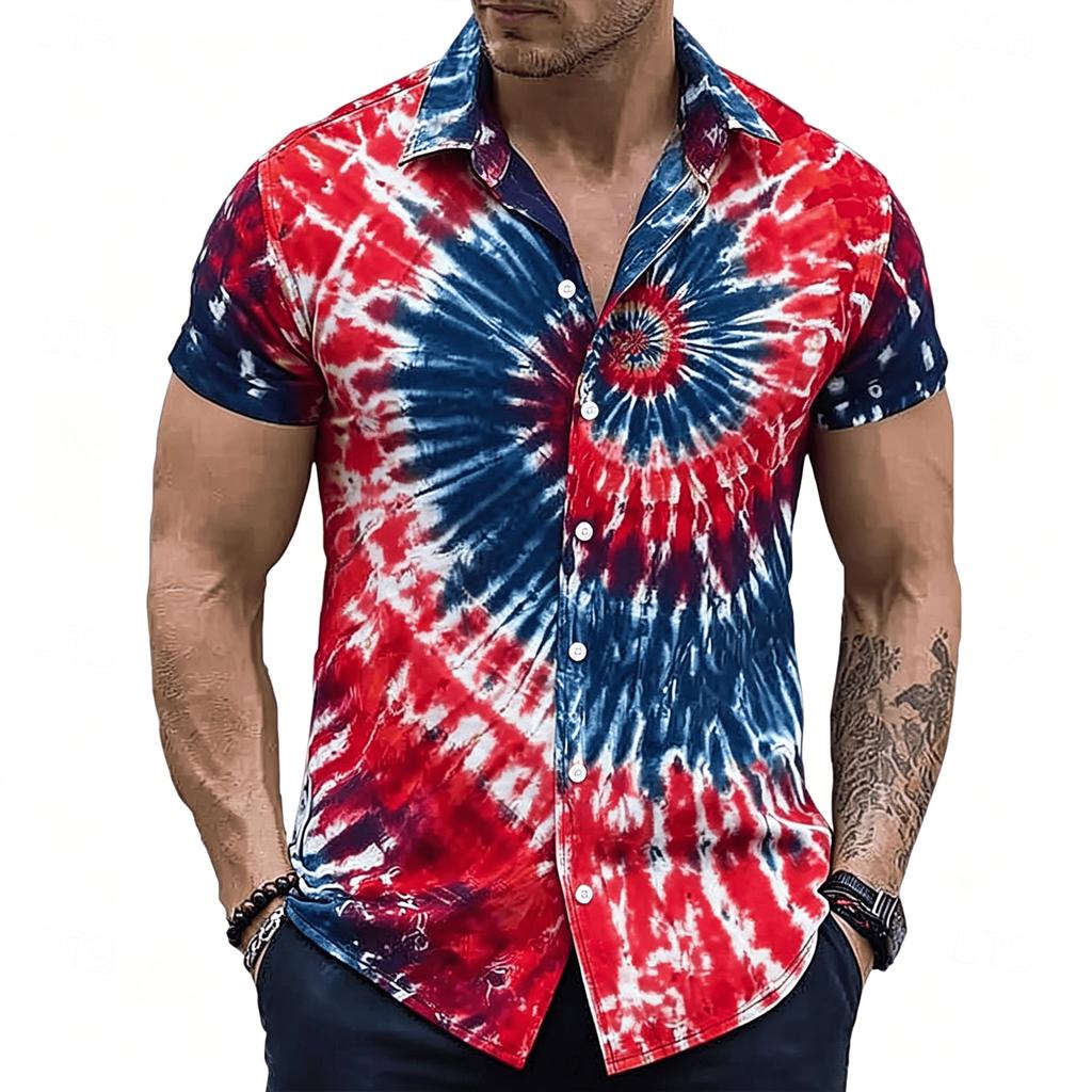 Men's Neon Lightning Spiral Print Short Sleeve Shirt, Retro Psychedelic Button Up Shirt for Spring & Summer