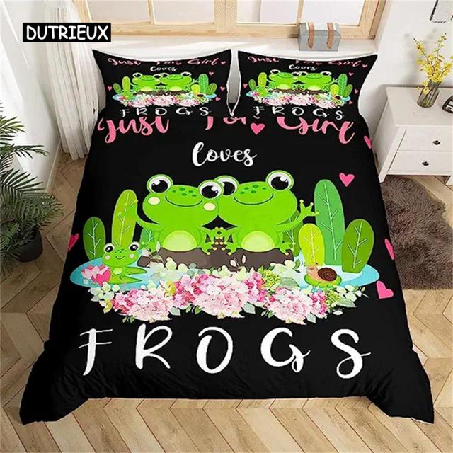 Bettbezug mit Cartoon-Pilz-Frosch, niedlicher Frosch-Bettbezug für Kinder, Jungen und Mädchen, natürlicher Wildpilz-Bettbezug, rosa Pilz