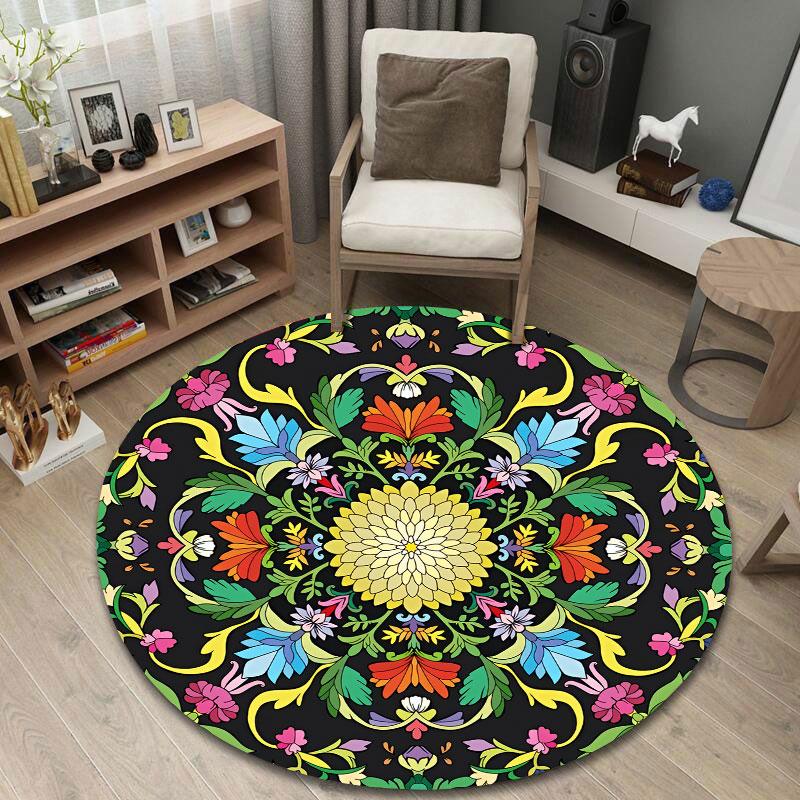 Whimsical Round Botanical Multicolor Area Rug, Non-Slip Floor Mat for Kitchen