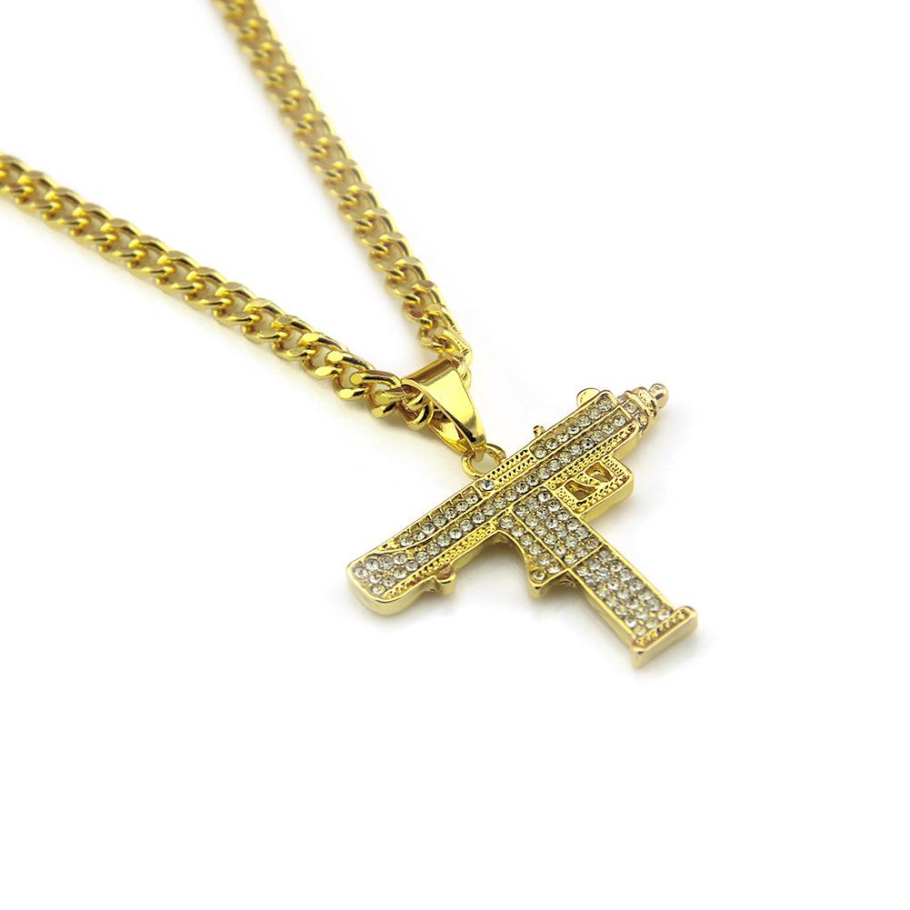 European Hip Hop Fashionable Golden Uz Gun Pendant Necklace Men's Alloy Rhinestone Shiny Asian Machine Gun Necklace