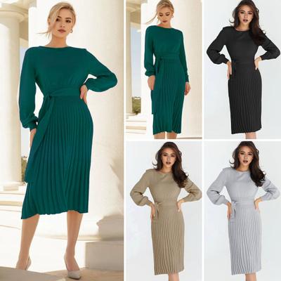 Autumn Lady Dress Knitted Round Neck Long Sleeves Slim Fit Pleated Lace-up Tight Waist Mid-calf Length Elastic Solid Color Midi Sweater Dress