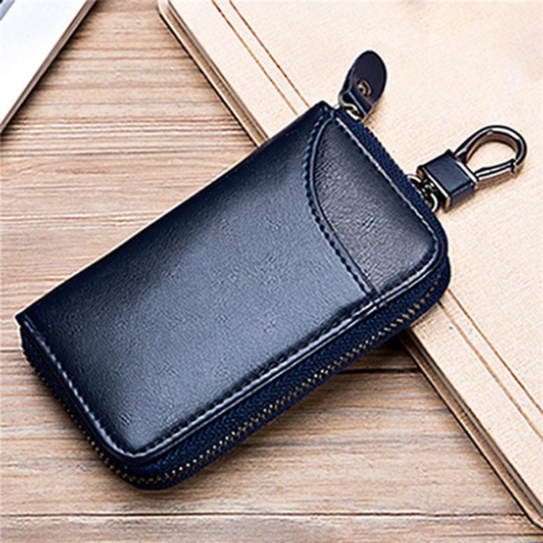 Étui Clé Voiture En Cuir PU - Porte-clés Avec Fermeture éclair - Protection Télécommande - Bleu - Compact