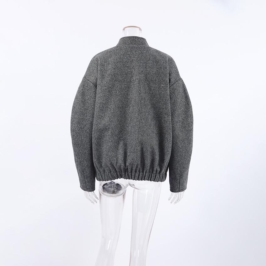 2026 Minimalist Grey Woolen Coat for Women – Early Autumn, Long Sleeve, Stand Collar, Loose Fit, Versatile High-end Top