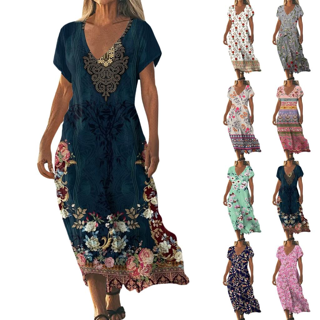 Sukienka letnia damska długa boho plażowa elegancka sukienka maxi dekolt V krótki rękaw letnia tunika lekka przewiewna